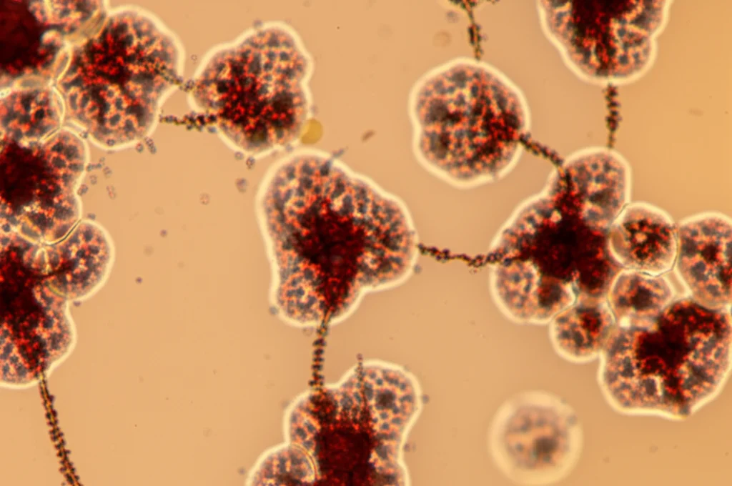 Immagine macro fotorealistica di organoidi tumorali polmonari KRAS-mutati in una piastra di coltura tridimensionale, lente macro 90mm, alta definizione, illuminazione controllata da laboratorio, focus preciso sulle strutture sferiche irregolari.