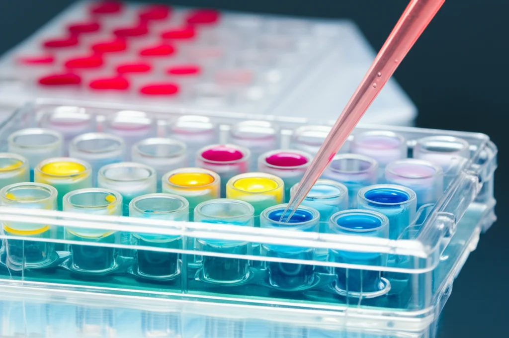 Fotografia still life di piastre multi-pozzetto utilizzate per lo screening farmacologico su organoidi, con pipette e liquidi colorati che indicano diversi trattamenti, lente macro 100mm, alta definizione, illuminazione da laboratorio focalizzata sulle piastre.