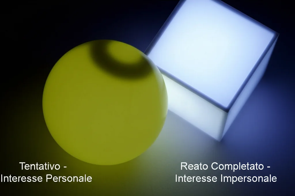 Illustrazione astratta, stile still life con illuminazione controllata, obiettivo macro 60mm, alta definizione, che mostra due forme geometriche luminose (una sfera e un cubo) parzialmente sovrapposte ma chiaramente distinte, etichettate 'Tentativo - Interesse Personale' e 'Reato Completato - Interesse Impersonale', a simboleggiare interessi legali distinti ma connessi.
