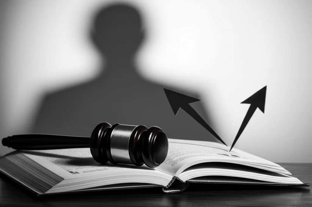 Composizione fotografica, obiettivo prime 24mm, stile film noir in bianco e nero con forti contrasti, raffigurante elementi legali simbolici: un martelletto posato su un codice penale aperto, una freccia stilizzata che manca un bersaglio per colpirne un altro vicino, e l'ombra di una figura incerta, alludendo alle complesse dottrine legali come l'intento trasferito e la responsabilità per tentativo.