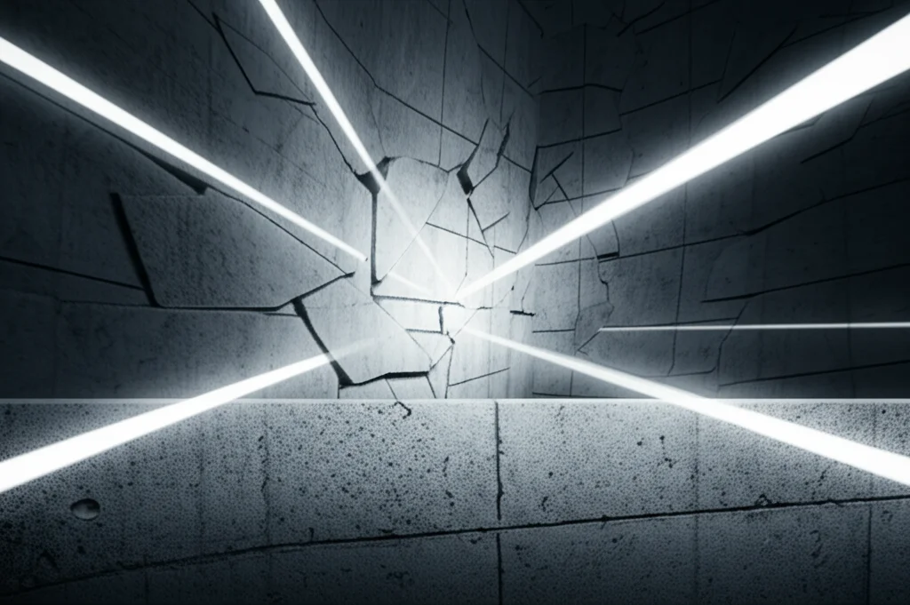 Illustrazione concettuale, stile fotorealistico, che mostra raggi gamma stilizzati (linee luminose) che vengono bloccati o deviati da una spessa parete di calcestruzzo dall'aspetto denso e moderno (quello con NMK), illuminazione drammatica, focus sulla zona di impatto.