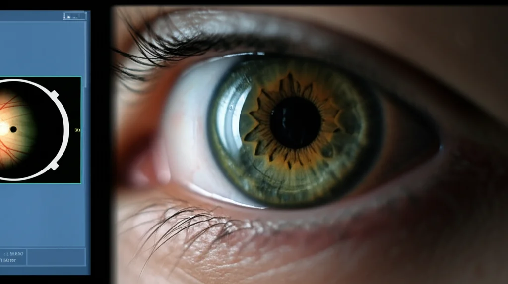 Primo piano di un occhio umano durante un esame OCT (Tomografia a Coerenza Ottica), luce focalizzata sulla pupilla, ambiente clinico high-tech, obiettivo macro 90mm, illuminazione controllata, alta definizione dei dettagli della retina visibili sullo schermo in background.