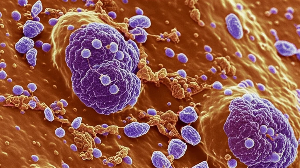 Primo piano estremo di cellule T che interagiscono con cellule tumorali del seno sotto un microscopio elettronico simulato, Lente Macro 90mm, messa a fuoco precisa, illuminazione da laboratorio controllata, alta definizione dei dettagli cellulari.