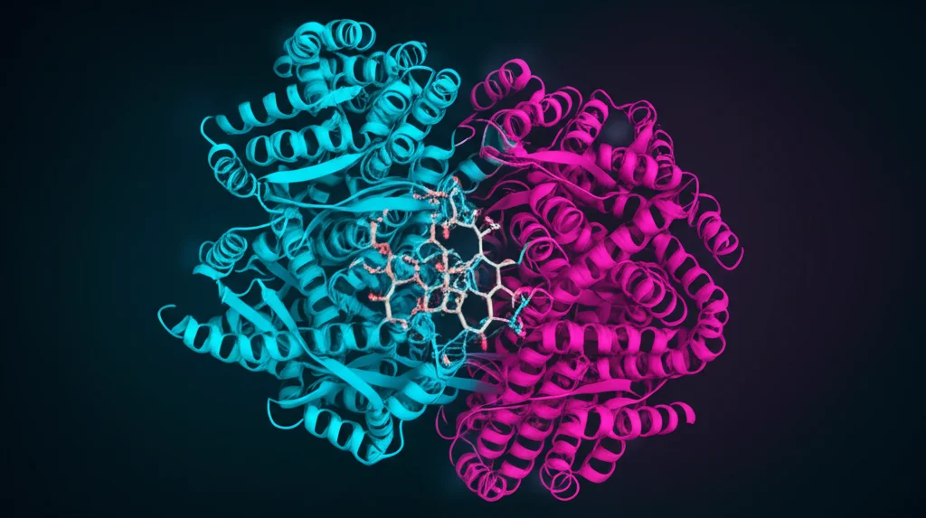 Il rendering 3D fotorealistico di una struttura proteica complessa (SARS-CoV-2 RDRP, subunità NSP12 mostrata nella rappresentazione dei cartoni animati) con una molecola più piccola (flavonoide Butein, mostrata in stile di liquirizia grigia) che si agganciano in un sito specifico vicino ai fili RNA (ciano e rosa). Le linee luminose indicano interazioni. Sfondo scuro, dettagli elevati, messa a fuoco precisa, che rappresentano docking molecolare e simulazione di interazione.