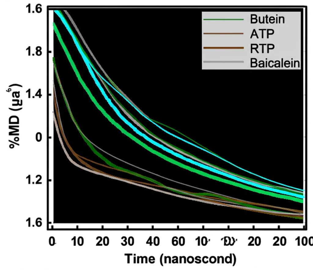 Visualizzazione astratta dei dati di simulazione della dinamica molecolare, che mostrano grafici della linea di deviazione quadrata media (RMSD) nel tempo (nanosecondi) per molecole diverse (Butein, ATP, RTP, Baicalein) che interagiscono con RDRP. Linee in diversi colori vibranti (grigio, verde, turchese, marrone) su uno sfondo scuro con etichette degli assi, che rappresentano l'analisi computazionale della stabilità legante nella scoperta dei farmaci. Dettagli elevati.