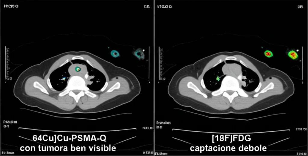 Schermo medico diviso che mostra immagini PET/CT comparative: a sinistra [64Cu]Cu-PSMA-Q con tumore ben visibile, a destra [18F]FDG con captazione debole. Alta risoluzione, illuminazione da sala refertazione.