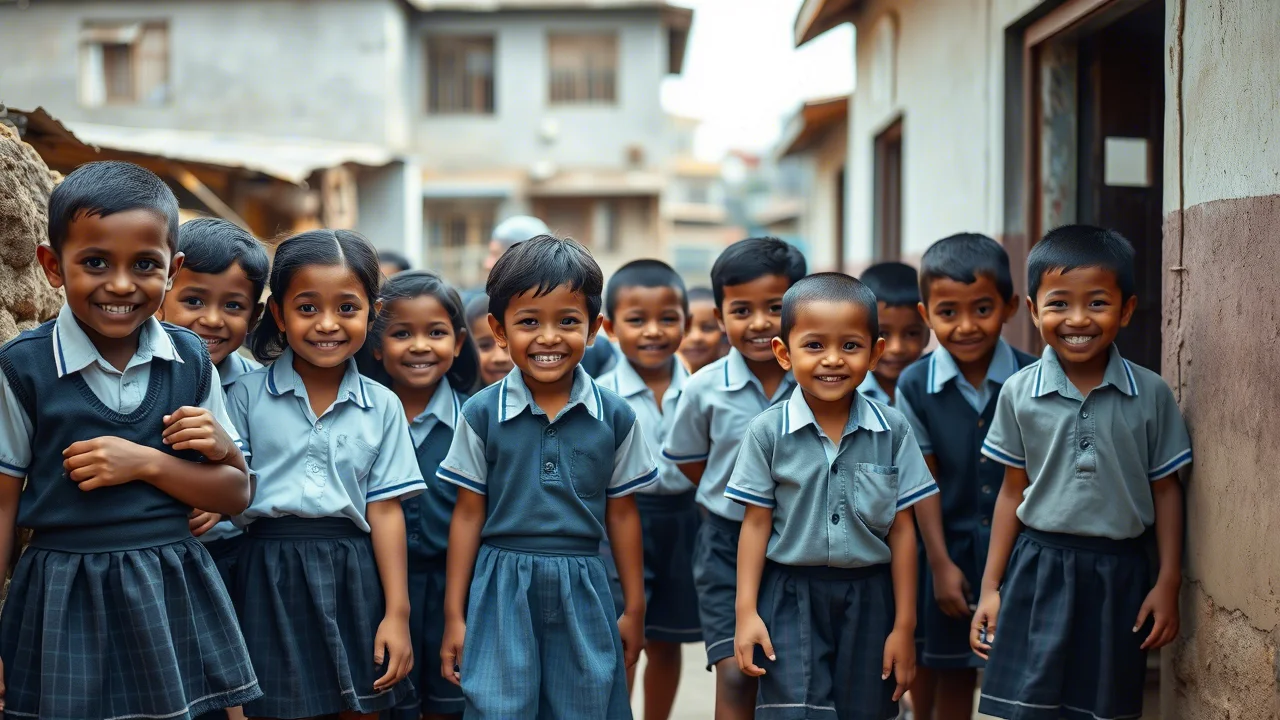 Un gruppo di bambini sorridenti in uniforme scolastica escono da un edificio scolastico semplice ma pulito in una zona povera, con lo sfondo leggermente sfocato che suggerisce la baraccopoli. Stile fotorealistico, obiettivo zoom 24-70mm impostato a circa 50mm, luce naturale del giorno, colori vivaci ma realistici.