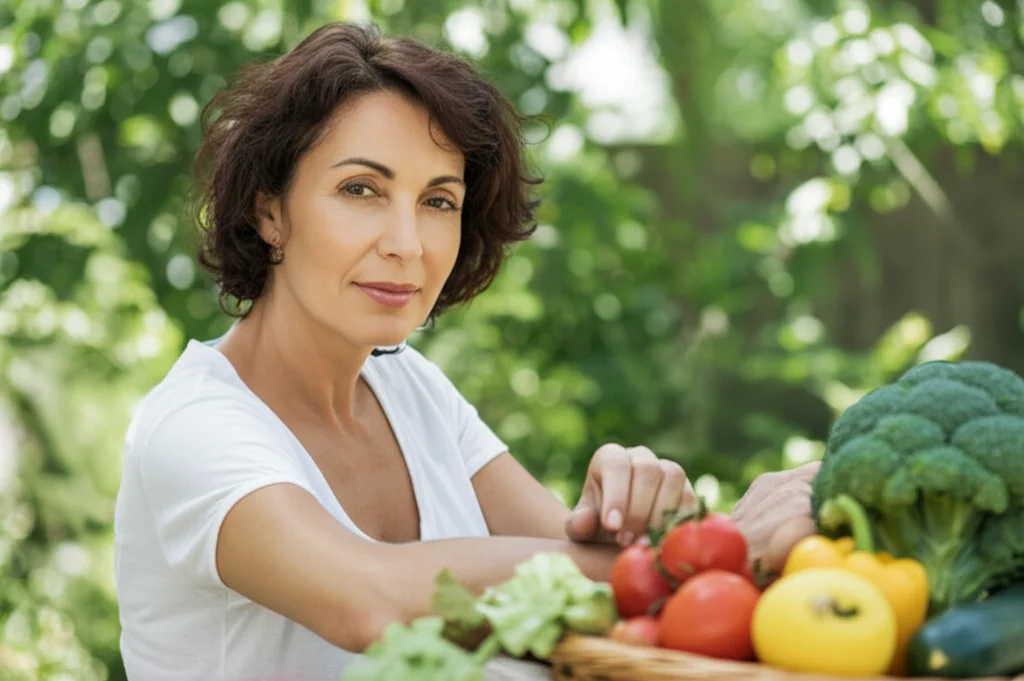 Una donna dall'aspetto sano e sereno, sui 30 anni, in un ambiente luminoso e naturale, magari con frutta e verdura vicine. Fotografia ritratto, obiettivo 35mm, profondità di campo, luce naturale controllata.