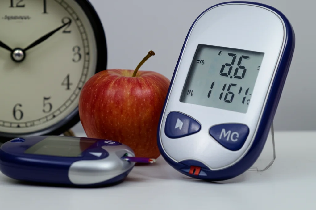 Primo piano macro di una mela rossa accanto a un misuratore di glicemia e una sveglia stilizzata su un comodino. Obiettivo macro 80mm, alta definizione, messa a fuoco precisa, illuminazione morbida.