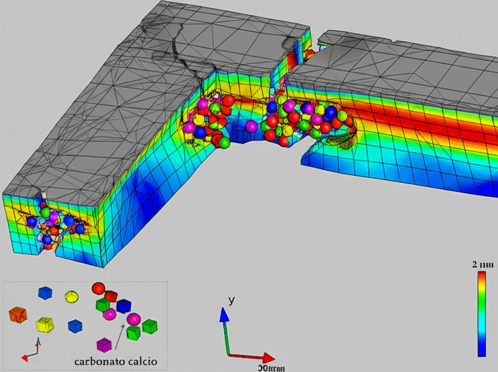 Simulazione al computer di una micro-trave di cemento con una crepa riparata tramite MICP. Si vedono le particelle di carbonato di calcio (sfere, cubi, prismi) all'interno della crepa. L'immagine mostra la mesh utilizzata per l'analisi agli elementi finiti, con colori che indicano diverse aree del modello. Wide-angle, 20mm, sharp focus, vista tecnica della simulazione.