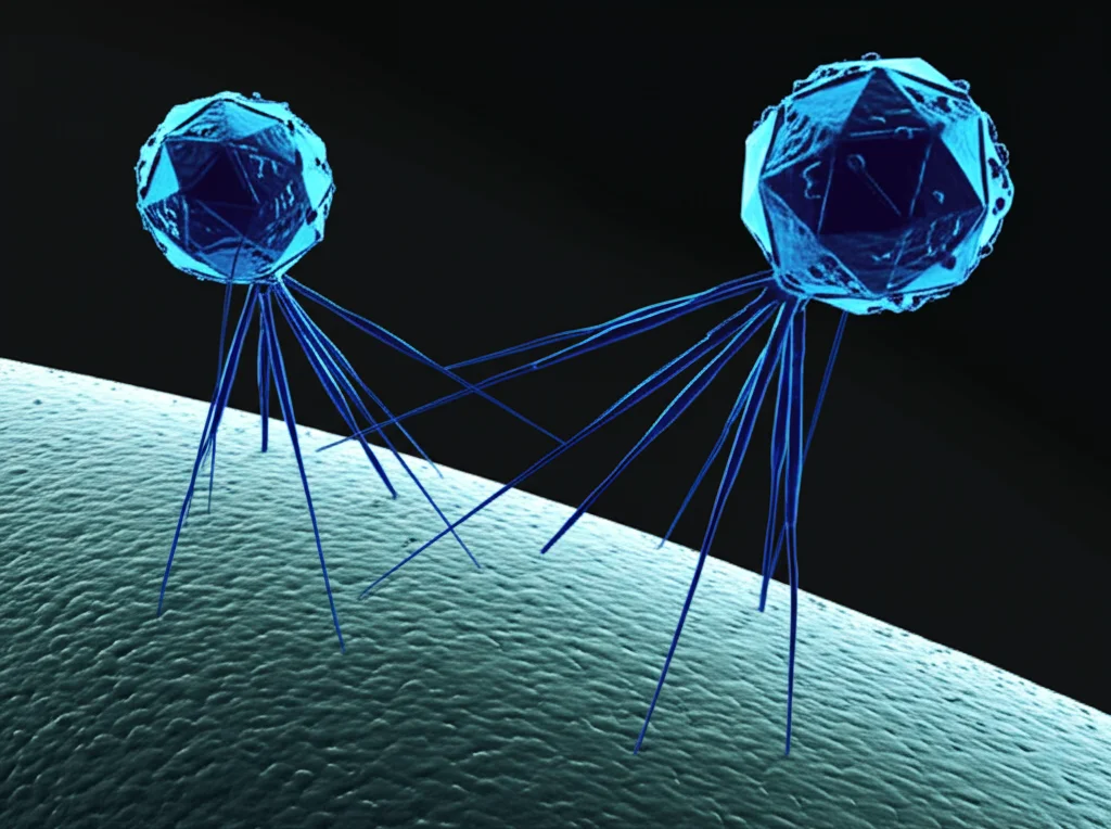 Macro fotografia, obiettivo 100mm, alta definizione, illuminazione controllata, che mostra batteriofagi (particelle simili a virus con testa icosaedrica e coda) che si attaccano alla superficie di una cellula batterica (Pseudomonas aeruginosa, a forma di bastoncello). Messa a fuoco precisa sul punto di interazione tra fago e batterio. Sfondo scuro e scientifico.