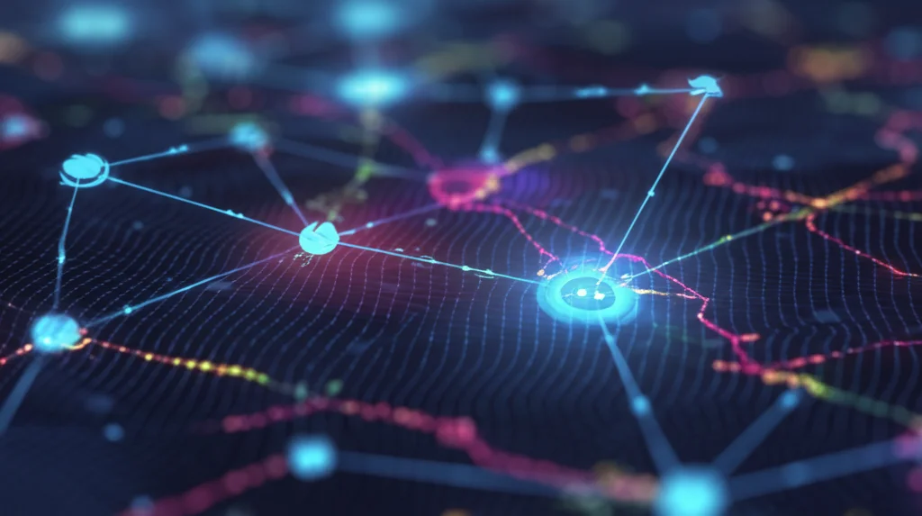 Visualizzazione astratta fotorealistica di una rete neurale complessa (nodi e connessioni luminose) sovrapposta a una mappa sfocata che mostra la diffusione di punti colorati (malattia). Obiettivo 50mm, profondità di campo ridotta, stile high-tech con luci al neon, per rappresentare la potenza predittiva ma la complessità del deep learning.
