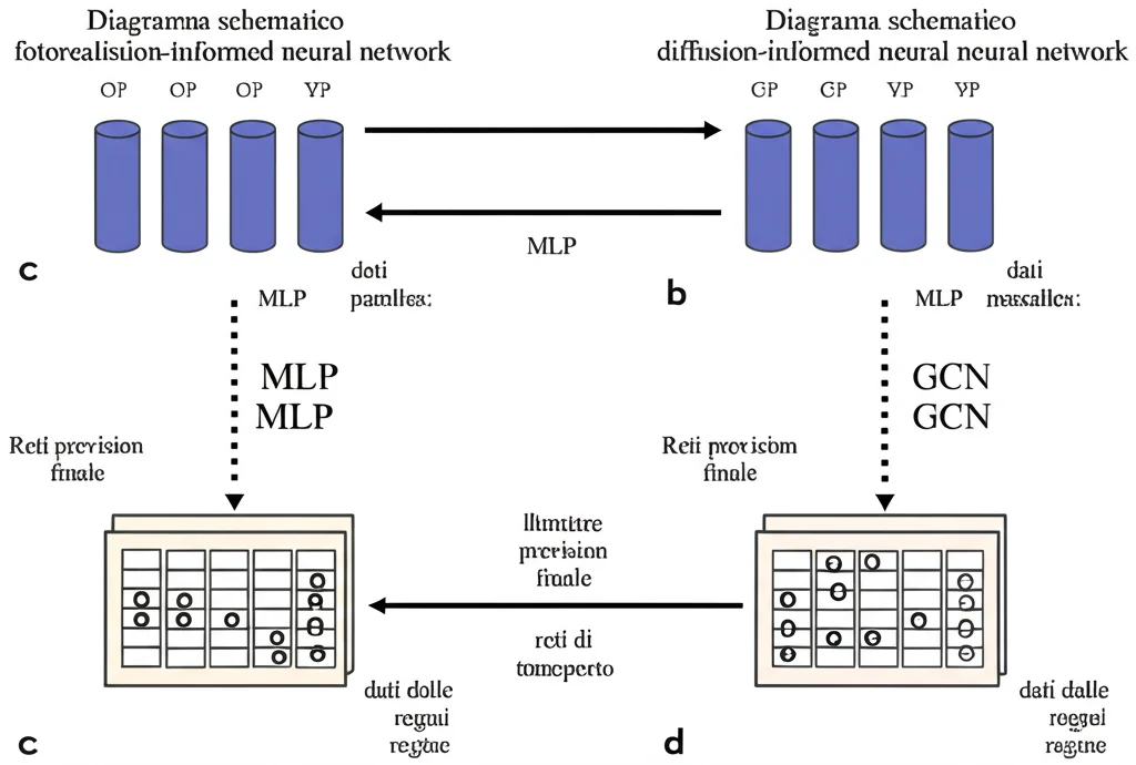 Diagramma schematico fotorealistico del modello 'diffusion-informed neural network'. Due percorsi paralleli: uno (MLP) processa dati interni di una regione, l'altro (GCN) processa dati dalle regioni vicine tramite reti di trasporto. I percorsi convergono per una previsione finale. Obiettivo macro 60mm, alta definizione, illuminazione chiara su sfondo bianco, per illustrare l'architettura del modello.