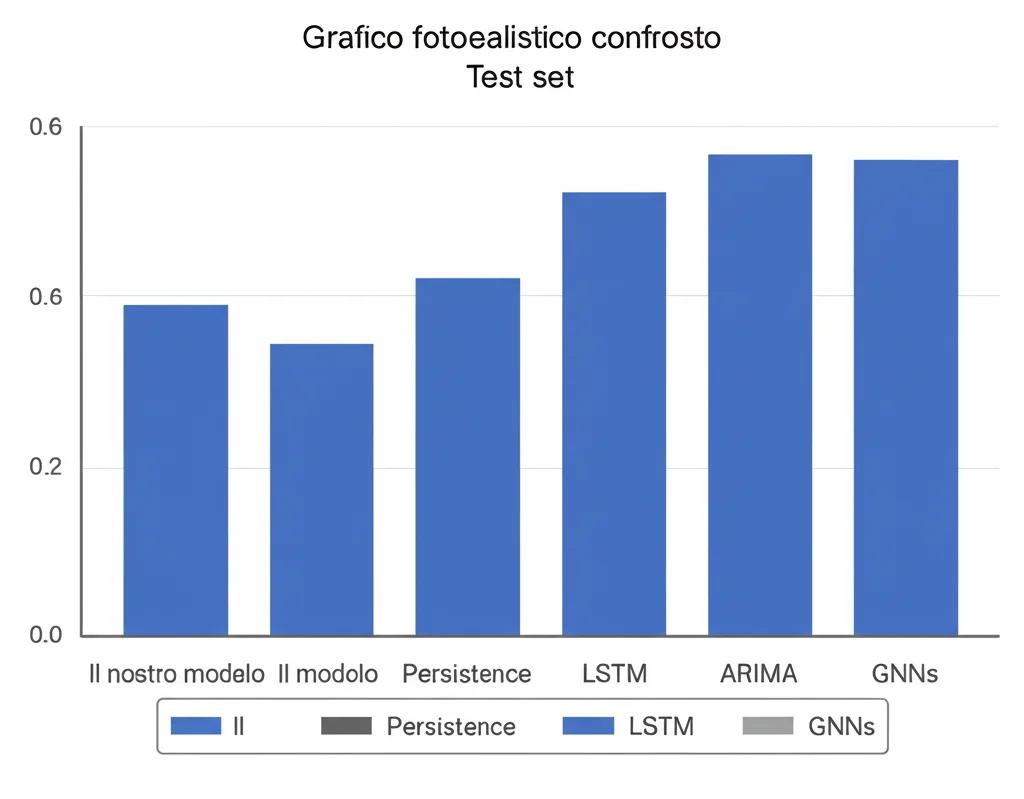 Grafico fotorealistico di confronto delle performance. Barre che mostrano i coefficienti di correlazione di diversi modelli (il nostro modello, Persistence, LSTM, ARIMA, GNNs). La barra del nostro modello è la più alta nel test set. Stile infografica pulita, obiettivo 50mm, focus sui dati, per evidenziare la superiorità del modello proposto.