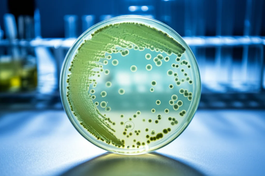 Natura morta, obiettivo macro 60mm, alta definizione, messa a fuoco precisa. Una capsula di Petri su un banco di laboratorio illuminato, contenente un terreno di coltura con colonie batteriche di Pseudomonas aeruginosa (verdastre). Si notano piccole aree circolari chiare (placche di lisi) dove i batteriofagi hanno ucciso i batteri. Alcune colonie crescono vicino alle placche, indicando possibile resistenza. Strumentazione di laboratorio (pipette, provette) sfocata sullo sfondo.