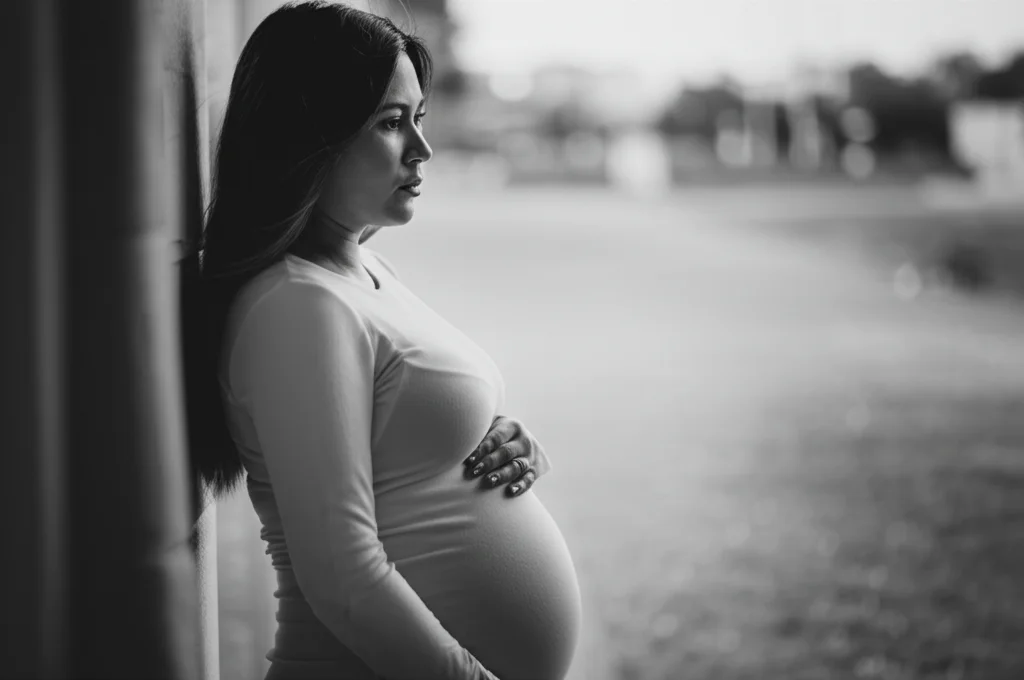 Ritratto fotografico di una donna incinta dall'aspetto pensieroso ma determinato, luce naturale laterale che crea ombre morbide, obiettivo 35mm, bianco e nero filmico, profondità di campo media.