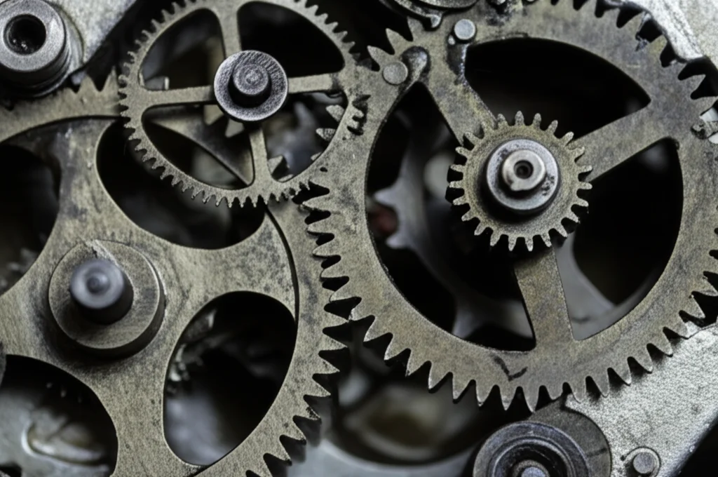 Fotografia macro di ingranaggi metallici di diverse dimensioni che si interconnettono perfettamente, simboleggiando l'organizzazione e la coordinazione dei sistemi sanitari. Illuminazione controllata per evidenziare i dettagli, obiettivo macro 90mm, alta definizione.