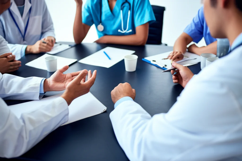 Foto di una riunione di lavoro con diversi professionisti sanitari (medici, ostetriche, specialisti) seduti attorno a un tavolo, che discutono animatamente ma in modo costruttivo. Luce ambientale mista, obiettivo zoom 35-70mm, stile reportage, movimento leggermente sfocato per dare dinamicità.