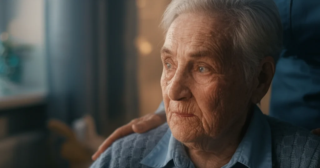 Primo piano delicato sul volto di una persona anziana con demenza in una struttura di assistenza, lo sguardo perso ma sereno, luce soffusa dalla finestra. Obiettivo prime 35mm, profondità di campo ridotta per focalizzare sull'espressione, toni caldi e leggermente desaturati, fotografia realistica.