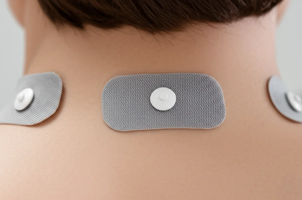 Fotografia macro di elettrodi simili a quelli usati per IFC-TESS appoggiati delicatamente sulla pelle del collo di un modello (non riconoscibile), messa a fuoco precisa sugli elettrodi, illuminazione controllata da studio per evidenziare i dettagli. Obiettivo macro 100mm, alta definizione, sfondo neutro.