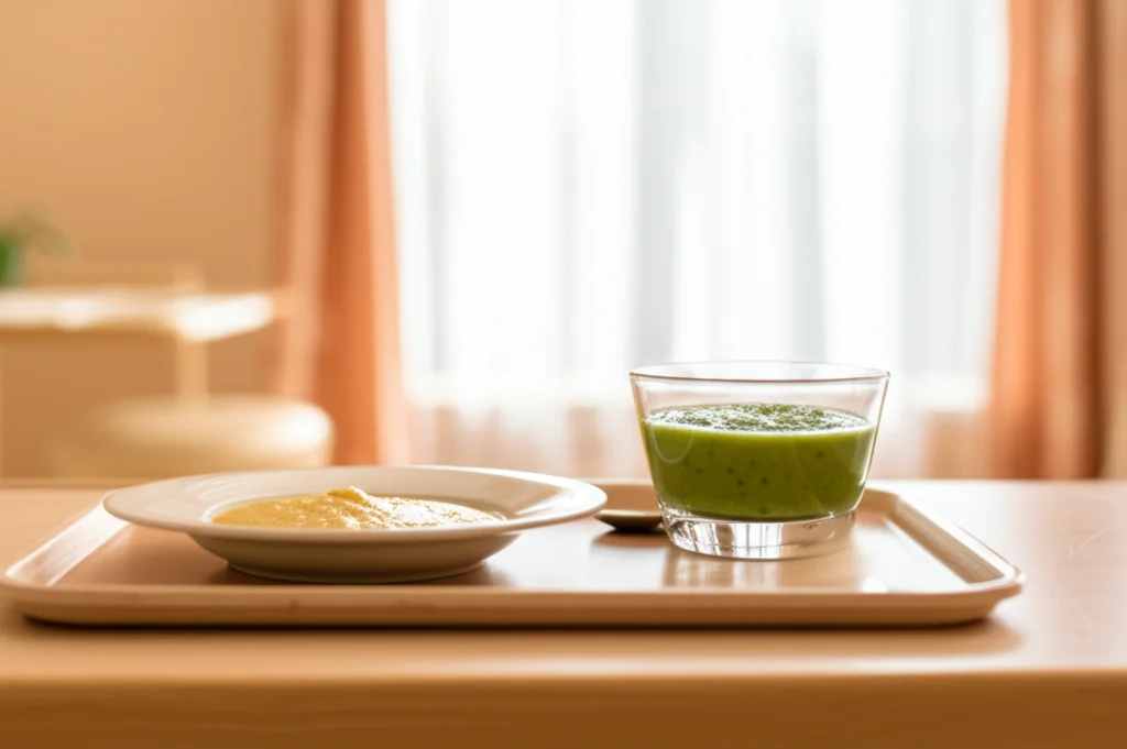 Immagine still life di un pasto nutriente e morbido, come un passato di verdura o uno yogurt denso, preparato per una persona con disfagia, presentato in modo appetitoso su un vassoio in una stanza luminosa di una casa di cura. Obiettivo macro 60mm, illuminazione controllata per esaltare colori e texture del cibo, alta definizione, atmosfera serena.
