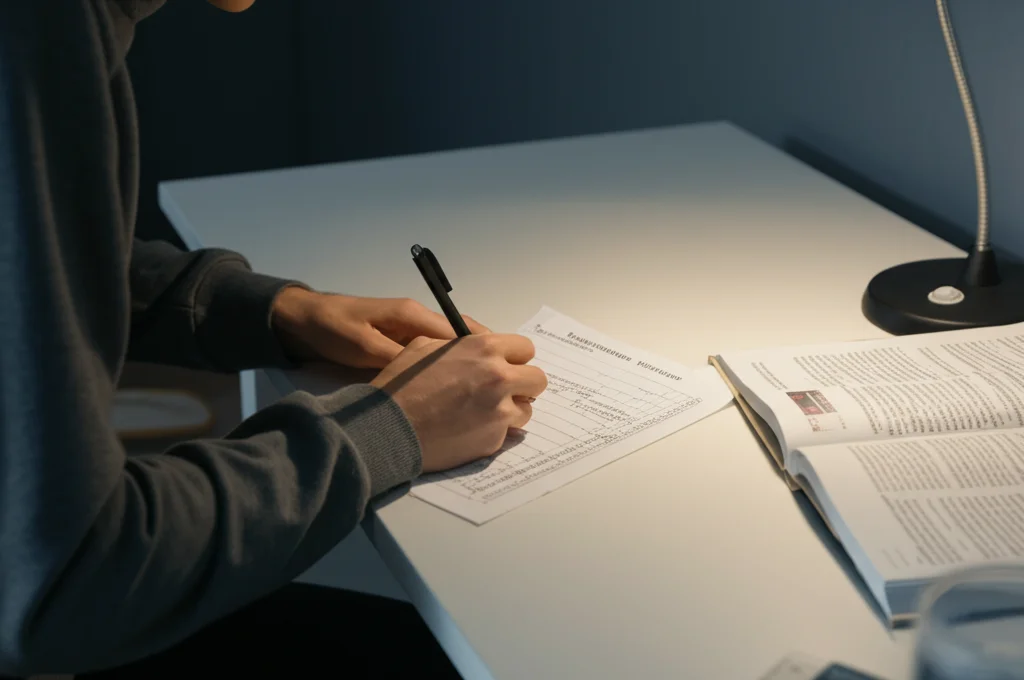 Foto realistica di uno studente universitario seduto a una scrivania illuminata da una lampada, intento a compilare una scheda di riflessione cartacea con accanto un libro di testo aperto sulla statistica. Focus selettivo sulla scheda e sulla mano che scrive. Obiettivo 50mm, profondità di campo ridotta, luce calda e concentrata.
