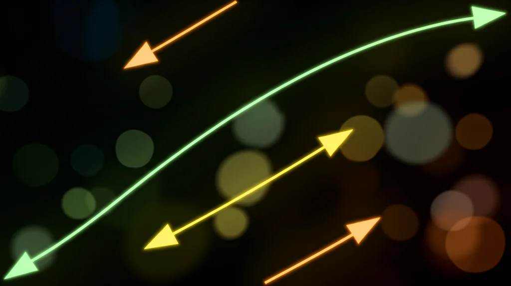 Immagine concettuale fotorealistica: due percorsi luminosi su sfondo scuro. Un percorso (verde chiaro) rappresenta gli studenti con pochi preconcetti che usano le think sheets e mantengono una buona performance. L'altro percorso (giallo ambrato) rappresenta gli studenti con pochi preconcetti che leggono soltanto e mostrano un calo di performance inaspettato. Effetto bokeh sullo sfondo.