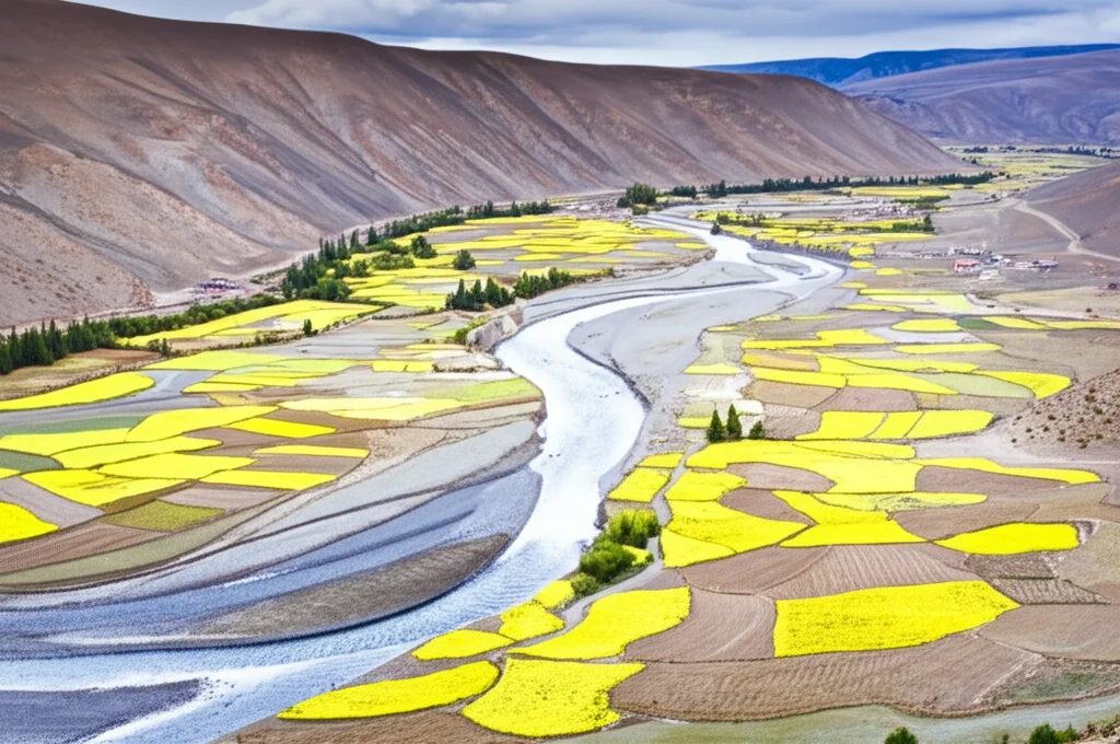 Veduta aerea grandangolare di campi agricoli intensamente coltivati lungo le rive di un fiume nell'altopiano tibetano, che illustra la potenziale fonte di nitrati per le acque sotterranee, luce del giorno, messa a fuoco nitida su tutta la scena, obiettivo grandangolare 18mm.