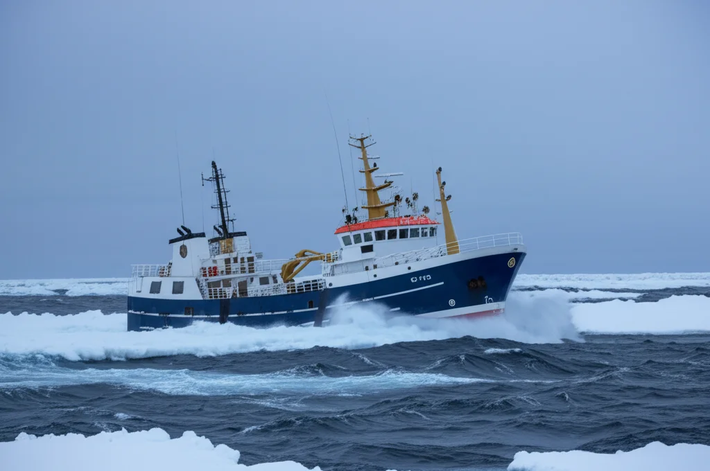 Fotografia realistica di un peschereccio da granchi delle nevi nel Mare di Barents in condizioni invernali difficili, onde alte, forse ghiaccio marino sullo sfondo. Teleobiettivo zoom 100-400mm, alta velocità dell'otturatore per catturare il movimento della nave e del mare, luce fredda e drammatica.