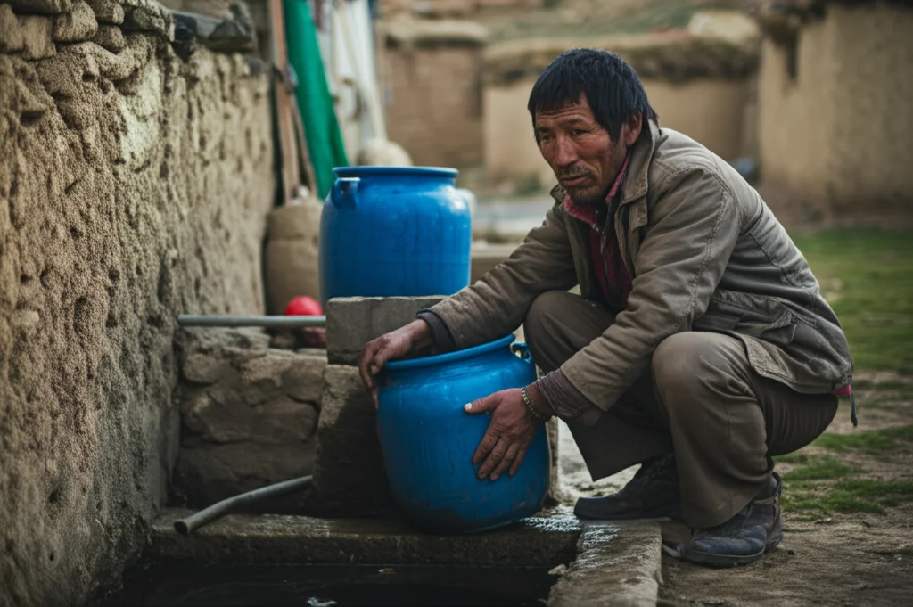 Ritratto ambientato di un membro della comunità locale che attinge acqua da un pozzo tradizionale nell'altopiano tibetano, con un'espressione pensierosa riguardo la qualità dell'acqua, luce naturale morbida, profondità di campo media, obiettivo 50mm.