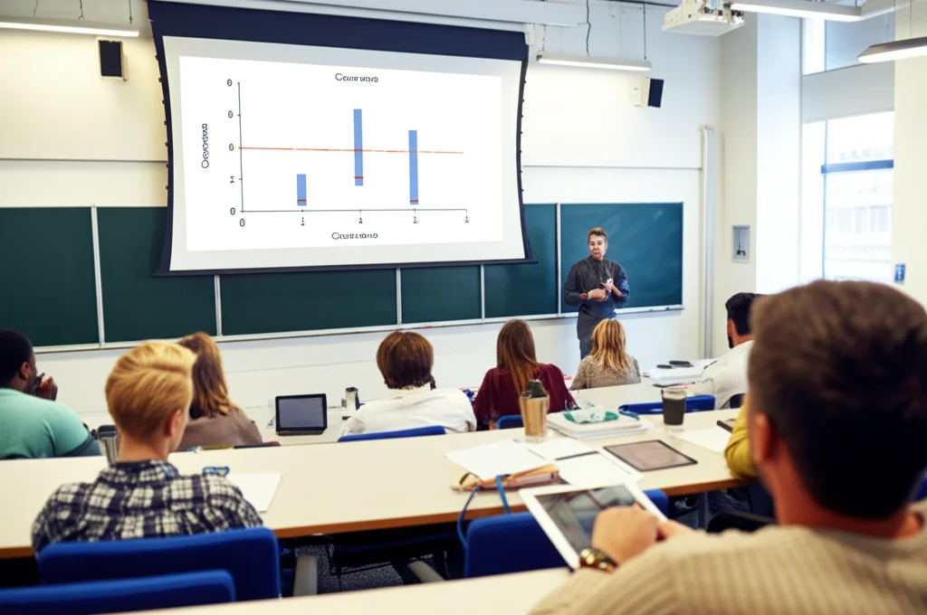 Veduta ampia di un'aula universitaria moderna durante una lezione di statistica. Lo schermo proietta grafici complessi sulla covarianza. Studenti attenti prendono appunti, alcuni usano tablet. Obiettivo grandangolare 18mm, luce ambientale chiara, focus nitido su tutta la scena per rappresentare l'ambiente di apprendimento.