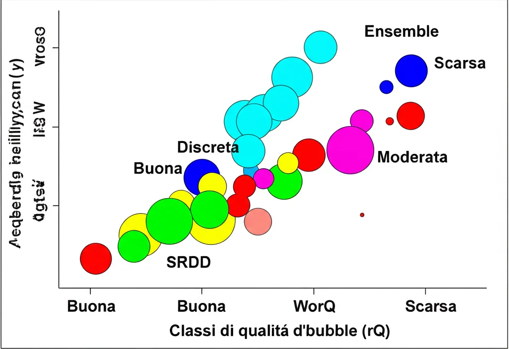 Grafico a bolle (bubble plot) stilizzato che confronta 4 modelli WQI (asse x) rispetto alle classi di qualità dell'acqua (asse y). Le bolle del modello ensemble sono concentrate nelle classi 'Buona' e 'Discreta', mentre un altro modello (SRDD) ha bolle significative anche in 'Moderata' e 'Scarsa'. Colori vivaci ma chiari, focus sulle differenze di distribuzione.