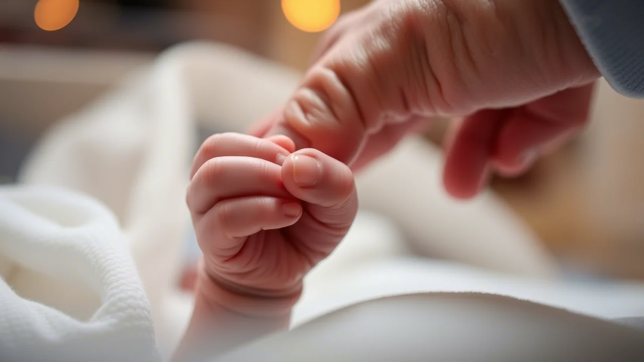 Fotografia macro di una manina di neonato che stringe un dito adulto in un'incubatrice di terapia intensiva neonatale, illuminazione controllata, obiettivo macro 100mm, alta definizione per mostrare la fragilità.