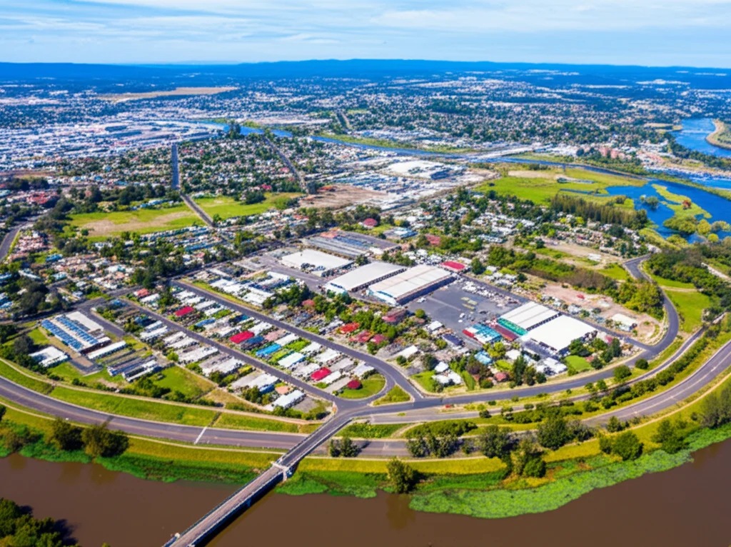 Fotografia aerea obliqua di Launceston, Tasmania, focalizzata sul sobborgo di Invermay e l'area di Inveresk. Si vede chiaramente l'interfaccia tra lo sviluppo urbano denso (case, strade, edifici industriali) e il fiume North Esk/estuario Tamar, evidenziando come la città sia stata costruita a ridosso e su ex zone umide. Obiettivo zoom 70mm, alta definizione, luce diurna chiara.