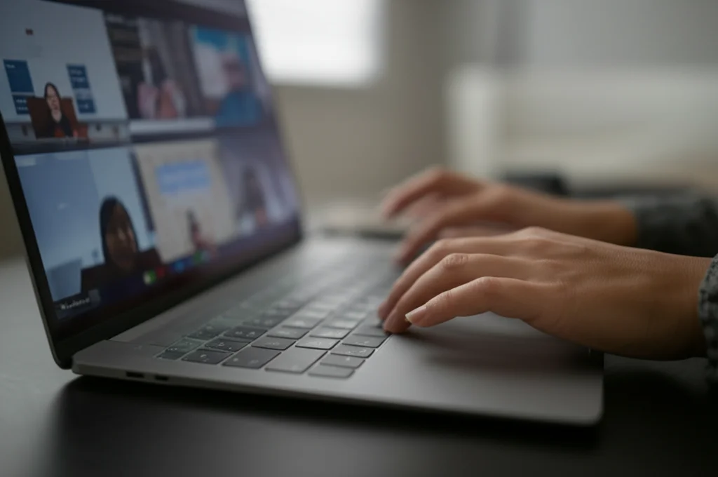 Primo piano di mani che digitano velocemente sulla tastiera di un laptop durante una lezione online, lo schermo del computer riflette slide accademiche. Obiettivo macro 90mm, alta definizione, illuminazione controllata per evidenziare i dettagli.