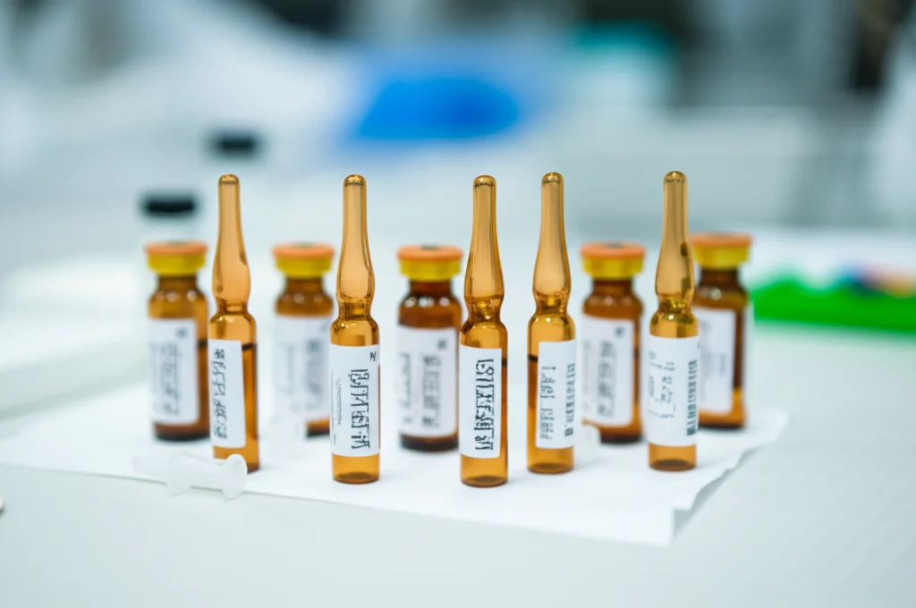Immagine fotorealistica di fiale di farmaci chemioterapici e immunoterapici disposte su un bancone di laboratorio sterile. Obiettivo prime 50mm, profondità di campo ridotta, illuminazione pulita e clinica, focus sui nomi dei farmaci.