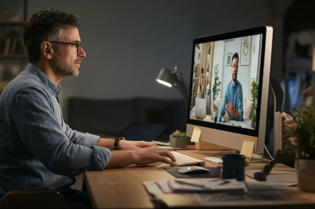 Un docente universitario sorridente che conduce una lezione online da casa, interagendo con gli studenti visibili su un grande monitor. Ambiente di lavoro ordinato, obiettivo prime 50mm, luce morbida, profondità di campo che sfoca leggermente lo sfondo.