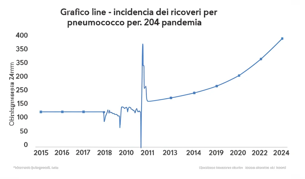 Grafico a linee che mostra l'andamento dell'incidenza dei ricoveri per pneumococco dal 2015 al 2024, evidenziando il calo durante la pandemia e la successiva risalita. Obiettivo grandangolare 24mm, focus nitido sui dati, illuminazione da studio controllata, stile infografica scientifica.