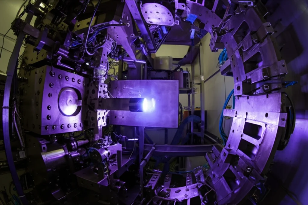 Visualizzazione fotorealistica dell'interno di una camera di sputtering magnetron durante il processo di deposizione. Plasma viola-blu incandescente visibile attorno a un target circolare. Dettagli high-tech dell'attrezzatura scientifica. Obiettivo grandangolare 24mm, luce controllata, atmosfera da laboratorio.