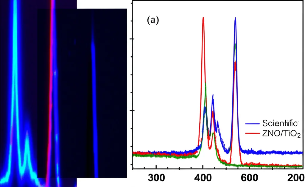 Grafico scientifico fotorealistico che mostra gli spettri di fotoluminescenza (PL) dei film sottili ZnO/TiO2. Picchi luminosi di emissione violetta e UV su uno sfondo scuro astratto. Obiettivo prime 50mm, messa a fuoco precisa sui dati, visualizzazione scientifica chiara.