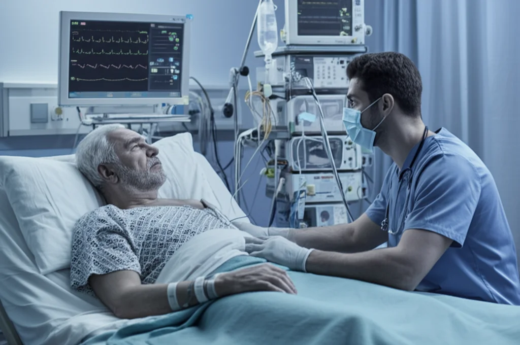 Medico che assiste un paziente anziano in un letto di terapia intensiva, monitoraggio dei parametri vitali visibile. Fotografia ritratto 35mm, toni blu e grigi duotone, profondità di campo che sfoca lo sfondo.