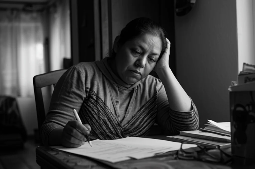 Fotografia di ritratto, 35mm, di una madre latina che guarda pensierosa dei documenti su un tavolo, luce soffusa da una finestra laterale, profondità di campo che sfoca leggermente lo sfondo, bianco e nero film, simboleggiando la sfida e la riflessione nel navigare la burocrazia dei servizi per la disabilità.