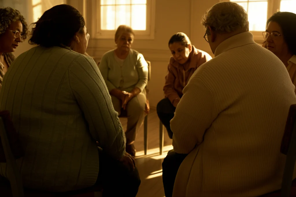 Foto di un piccolo gruppo di famiglie latine sedute in cerchio durante un incontro di supporto, stile documentaristico, obiettivo 50mm, luce naturale calda che entra da una finestra, espressioni di condivisione e ascolto reciproco, che rappresenta la forza della comunità e il valore del familismo.