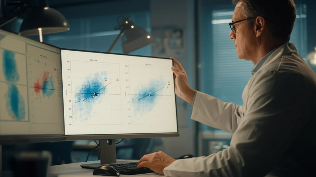 Un ricercatore scientifico in camice bianco che osserva attentamente grafici complessi, simili a Bland-Altman plots, visualizzati su un grande schermo di computer in un laboratorio moderno e luminoso. Illuminazione controllata da ufficio, obiettivo 50mm, focus selettivo sullo schermo con i grafici.