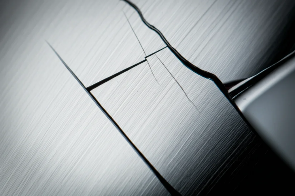 Macro fotografia di una micro-crepa che si propaga all'interno di un metallo lucido, illuminazione controllata per evidenziare i dettagli minuti della frattura, obiettivo macro 100mm, alta definizione, messa a fuoco precisa, luce laterale drammatica.