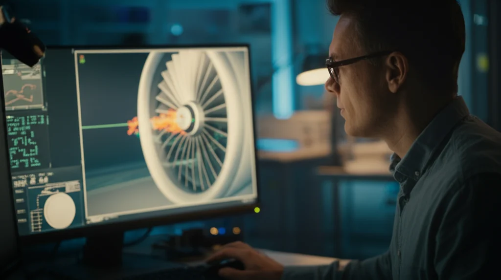 Primo piano di un ingegnere che osserva attentamente una simulazione computerizzata 3D della propagazione del danno all'interno di una turbina di aereo su uno schermo ad alta risoluzione in un laboratorio di ricerca moderno, profondità di campo ridotta che sfoca lo sfondo, focus sullo schermo luminoso, obiettivo 50mm prime lens.