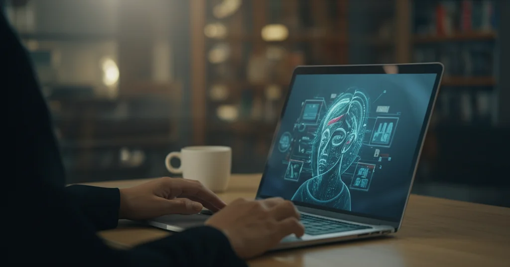 Studente di fisioterapia che utilizza un laptop con un'interfaccia AI stilizzata sullo schermo, luce soffusa da studio, obiettivo prime 35mm, profondità di campo che sfoca leggermente lo sfondo della biblioteca universitaria.