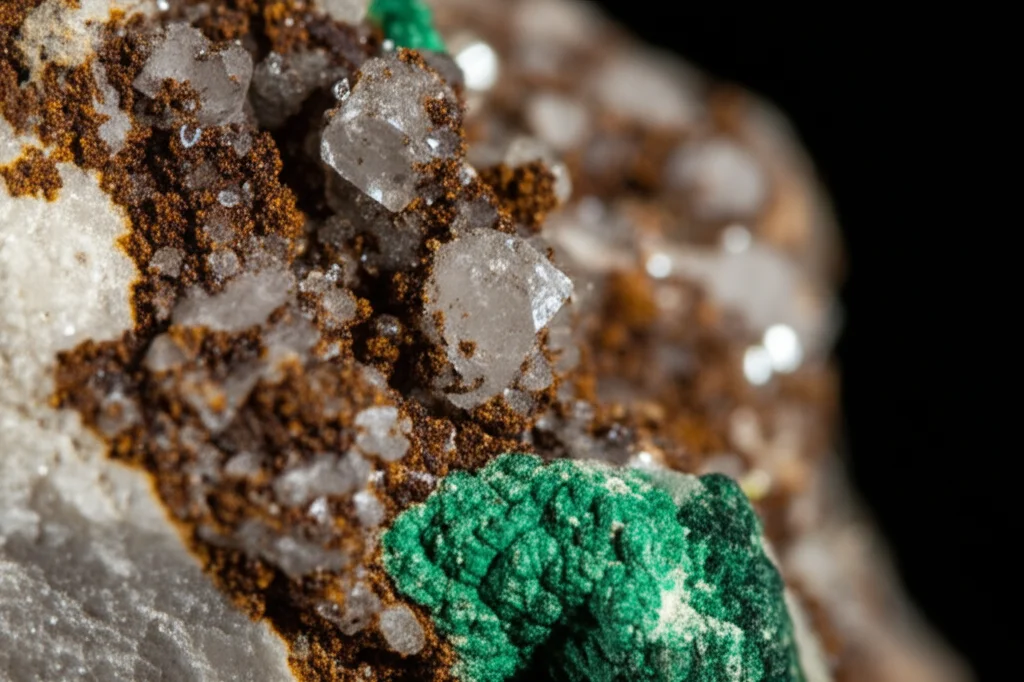 Fotografia macro di un campione di roccia raccolto a Mougueur, Marocco. Obiettivo macro 90mm, alta definizione. Si vedono cristalli di quarzo (Qz) biancastri intrecciati con ossidi di ferro (FeOx) di colore rosso-bruno e tracce verdi di malachite. Illuminazione controllata per evidenziare texture e colori.