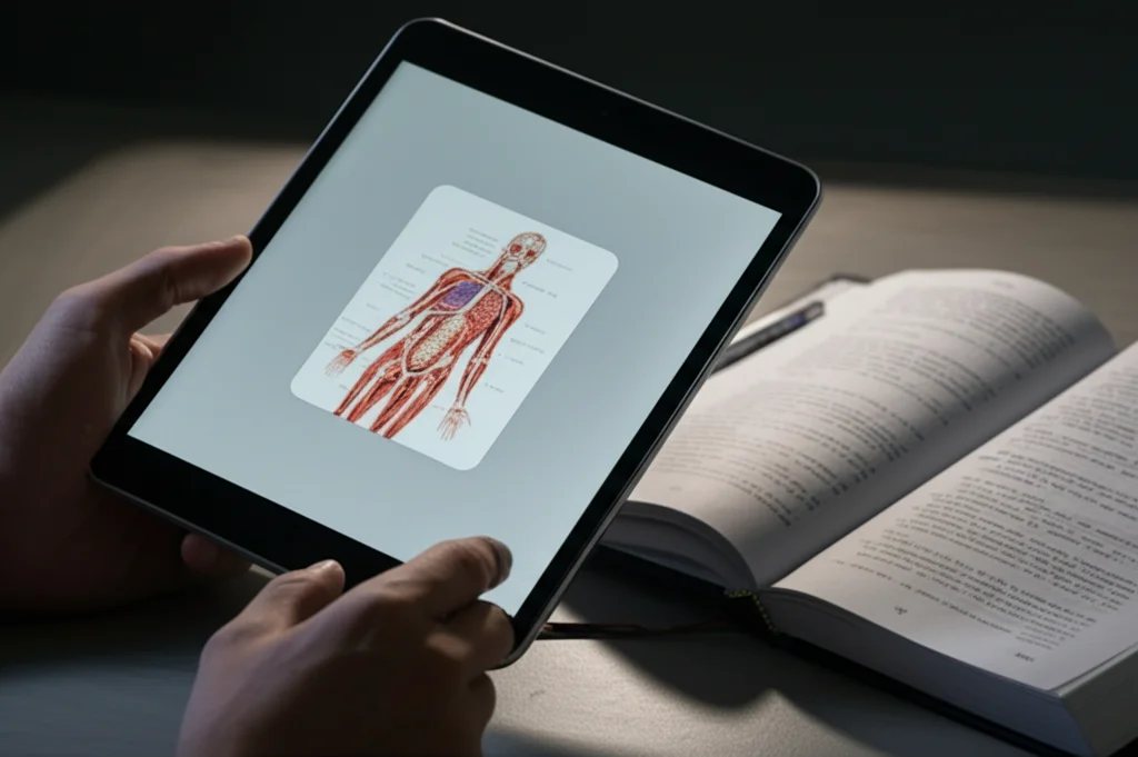 Primo piano sulle mani di uno studente che confrontano criticamente le informazioni su uno schermo di tablet (mostrando un output AI generico) con un libro di testo di anatomia aperto, illuminazione da studio controllata, obiettivo macro 60mm, alta definizione dei dettagli del testo e delle dita.