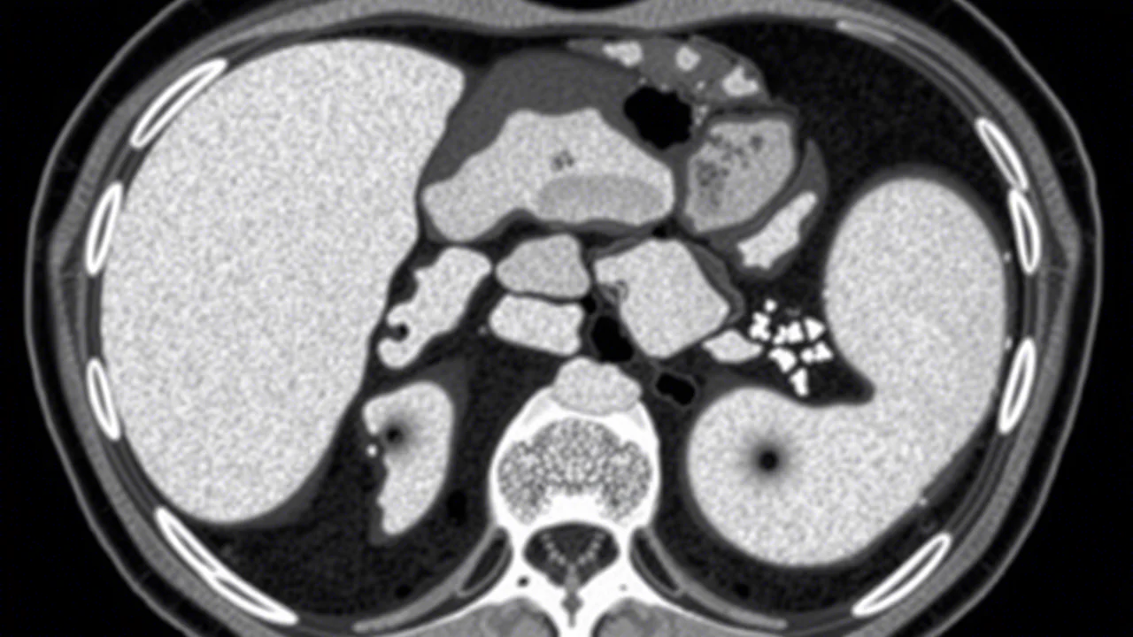 Immagine diagnostica TC (Tomografia Computerizzata) addominale che mostra chiaramente un ascesso epatico multiplo causato da Klebsiella pneumoniae, immagine medica ad alta risoluzione, contrasto ottimizzato per evidenziare le lesioni.